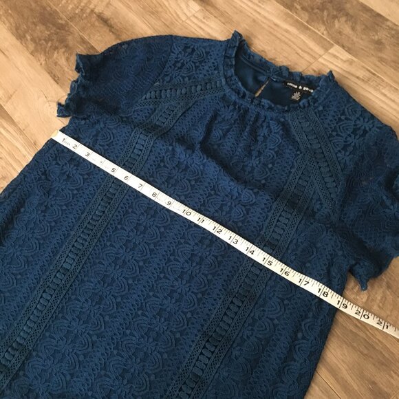 Cable & Gauge Peacock Blue Lacy Short Sleeve Lolita Mock Neck Top - Picture 13 of 16